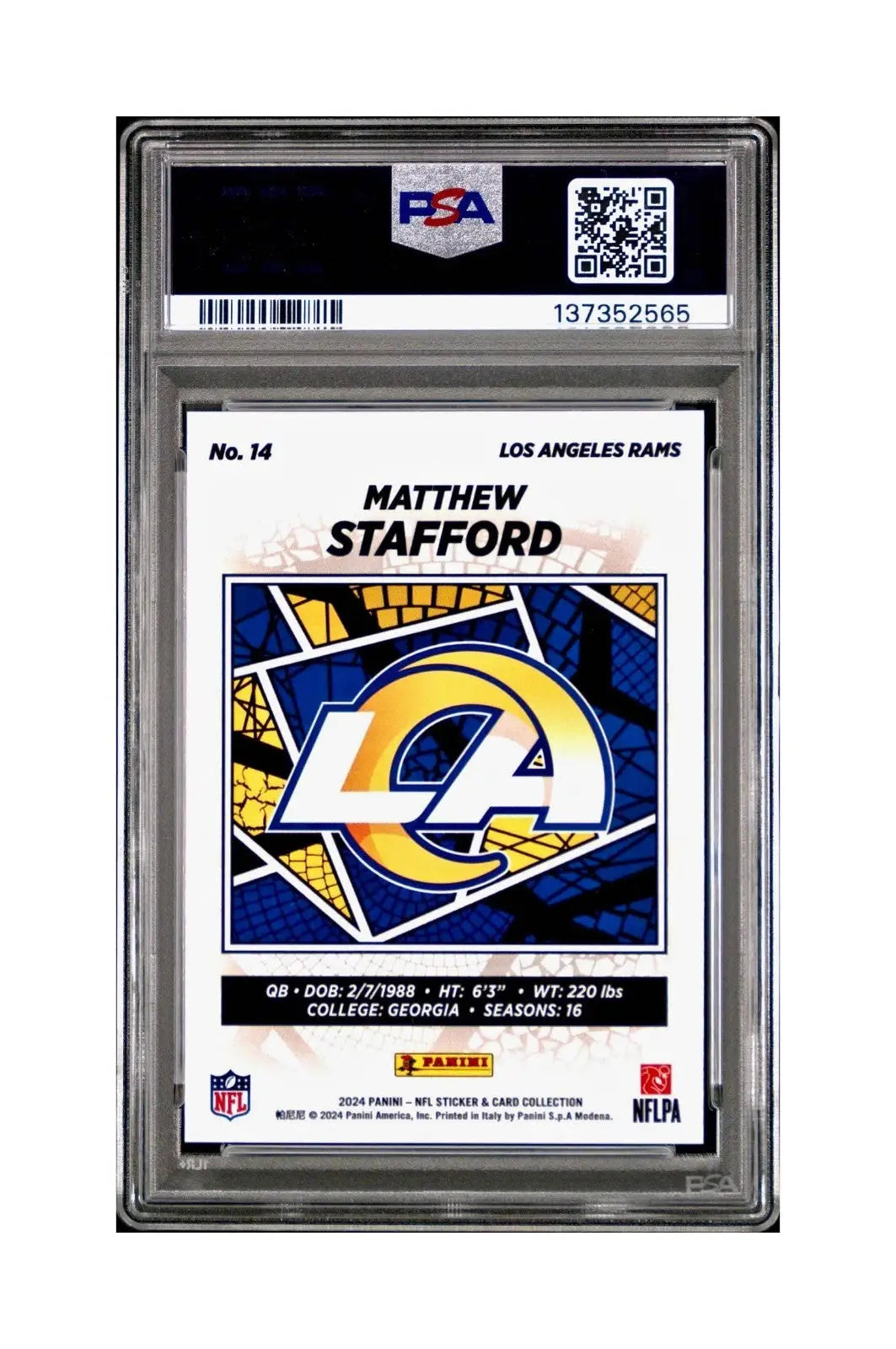 Matthew Stafford 2024 Panini Sticker Collection 38/349 #14 Blue Foil PSA 8 NM-MT