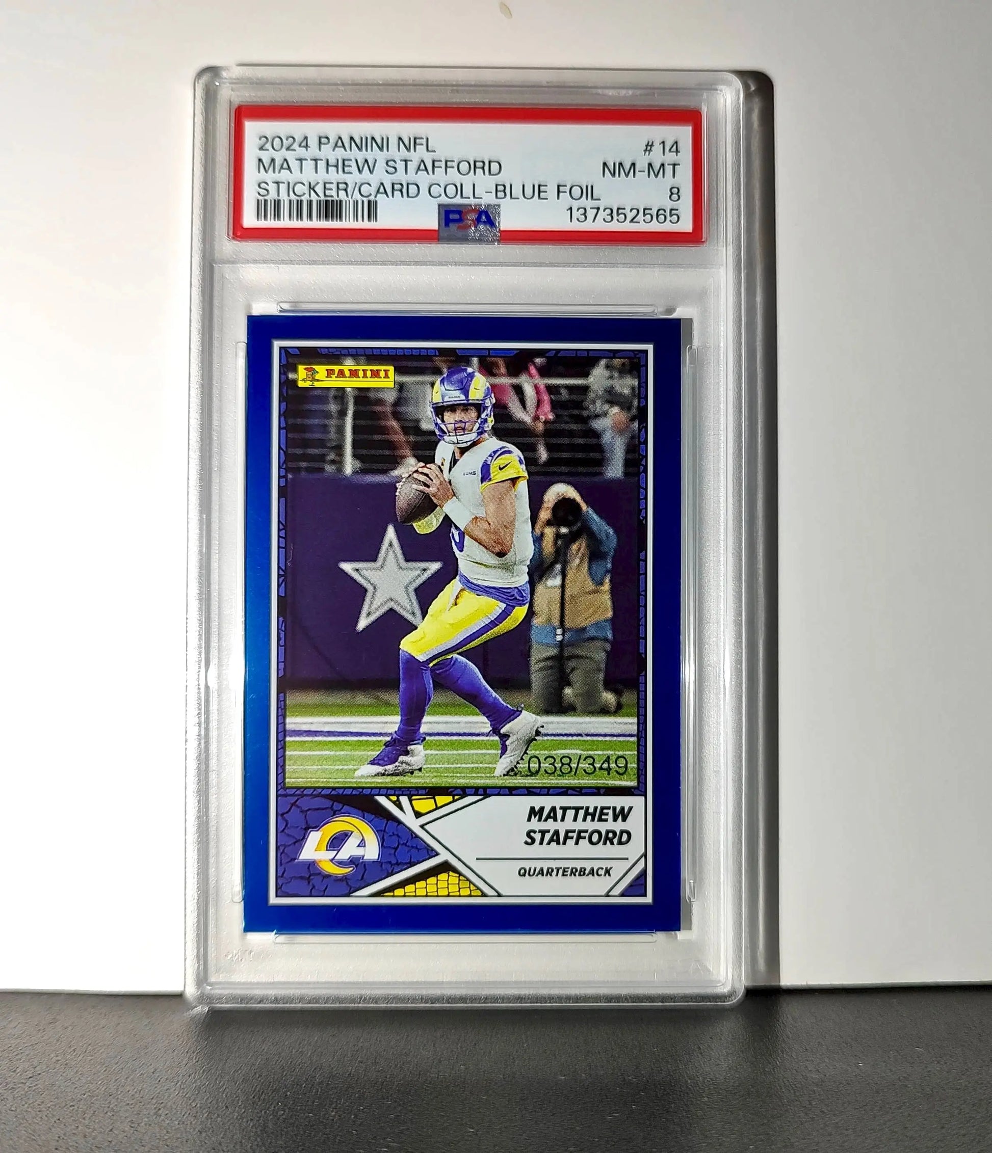 Matthew Stafford 2024 Panini Sticker Collection 38/349 #14 Blue Foil PSA 8 NM-MT
