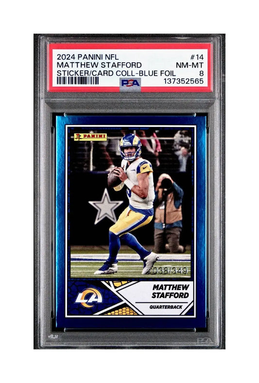Matthew Stafford 2024 Panini Sticker Collection 38/349 #14 Blue Foil PSA 8 NM-MT - Football Card Single