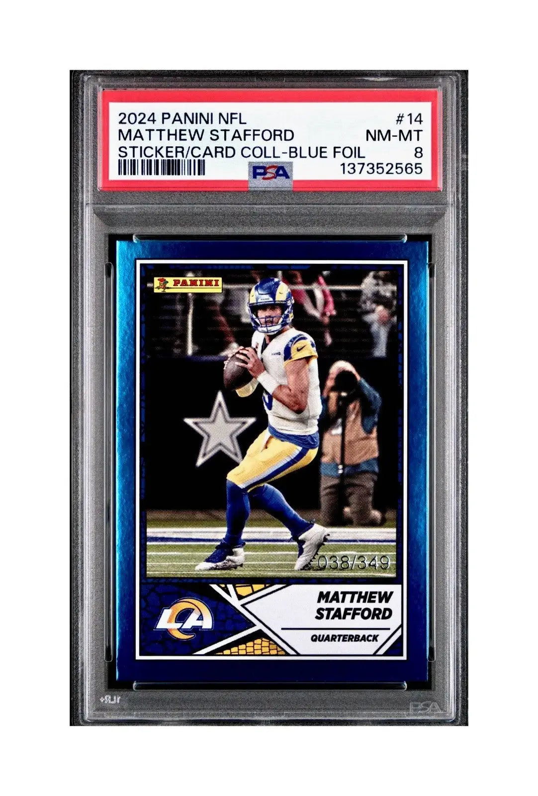 Matthew Stafford 2024 Panini Sticker Collection 38/349 #14 Blue Foil PSA 8 NM-MT