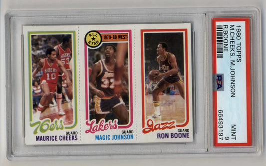 Professionally graded 1980 Topps basketball card featuring Maurice Cheeks, Magic Johnson, and Ron Boone