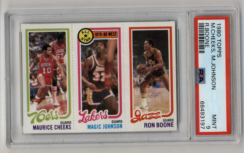 Professionally graded 1980 Topps basketball card featuring Maurice Cheeks, Magic Johnson, and Ron Boone