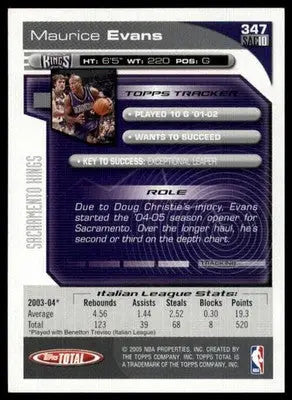 Maurice Evans Rookie 2004-05 Topps Total #347 Sacramento Kings - Basketball Card Single