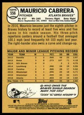Mauricio Cabrera Rookie 2017 Topps Heritage #556 Atlanta Braves - Baseball Card Single