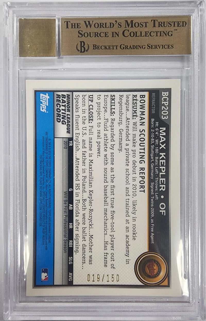Graded Max Kepler baseball card featuring Bowman Chrome Blue Refractor Auto