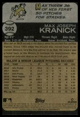 Max Kranick Rookie 2022 Topps Heritage #392 Pittsburgh Pirates - Baseball Card Single