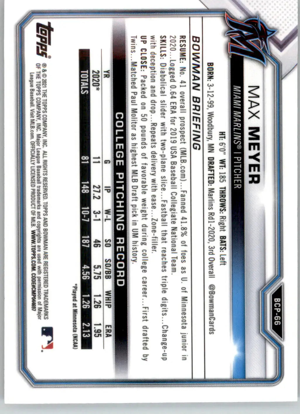 Max Meyer - 2021 Bowman - #BCP-66 - Chrome Prospects Mojo Refractor Baseball