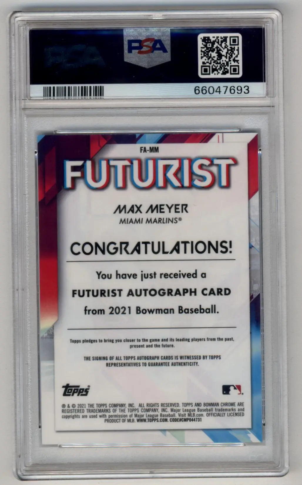 Max Meyer 2021 Bowman Chrome Mega Box Futurist Auto Black Refractors #FAMM 1/1 PSA 10 Gem Mint Auto 10 - Baseball Card