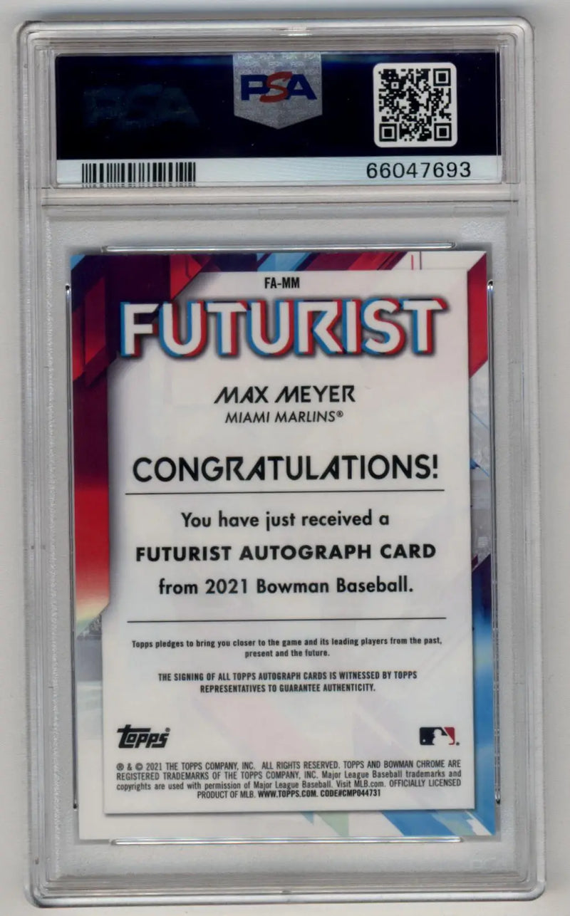 Max Meyer 2021 Bowman Chrome Mega Box Futurist Auto Black Refractors #FAMM 1/1 PSA 10 Gem Mint Auto 10 - Baseball Card