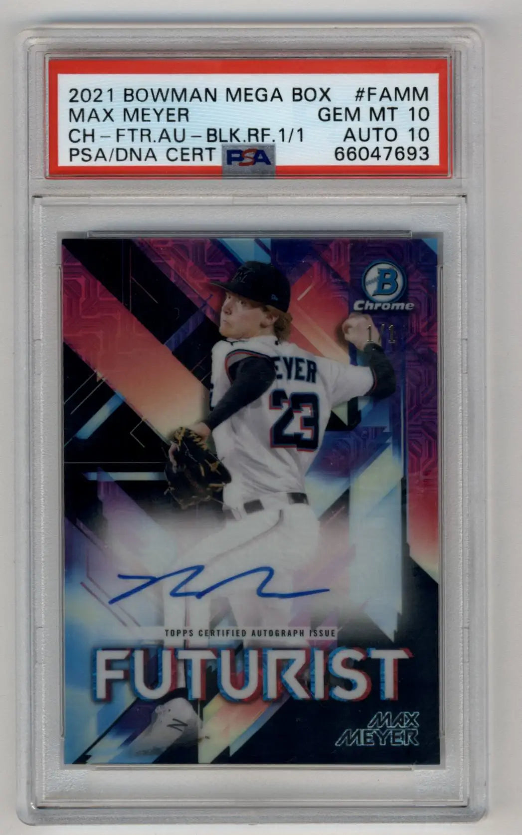 Max Meyer 2021 Bowman Chrome Mega Box Futurist Auto Black Refractors #FAMM 1/1 PSA 10 Gem Mint Auto 10 - Baseball Card