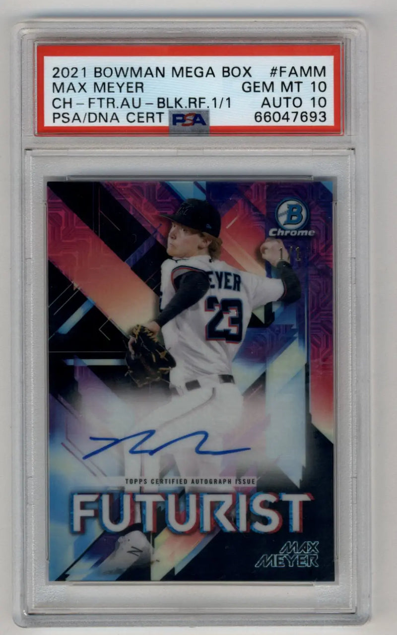 Max Meyer 2021 Bowman Chrome Mega Box Futurist Auto Black Refractors #FAMM 1/1 PSA 10 Gem Mint Auto 10 - Baseball Card
