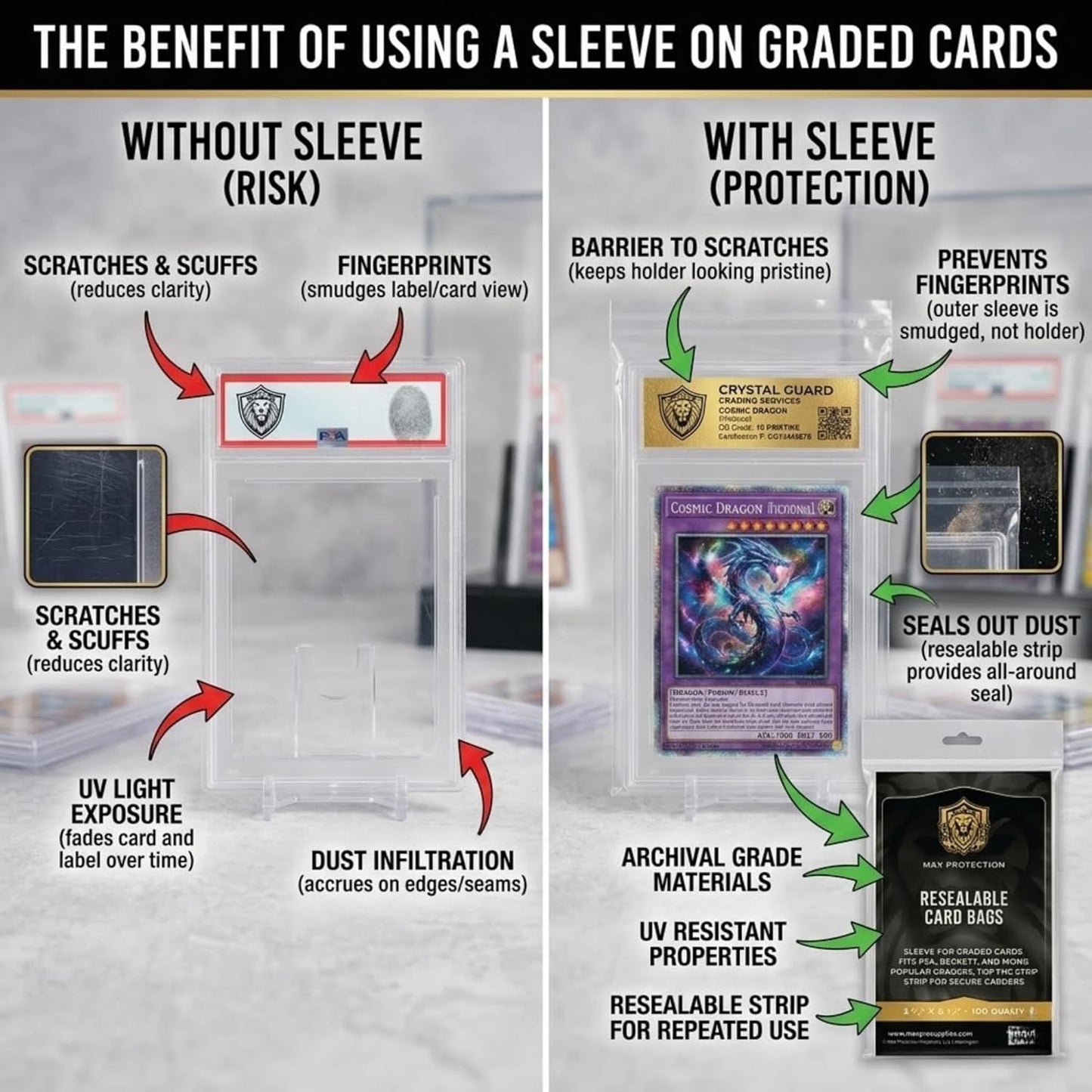 Max Protection Graded Card Sleeves (100 Count) – Resealable Slab Bags for PSA, SGC, BGS & CGC Graded Cards