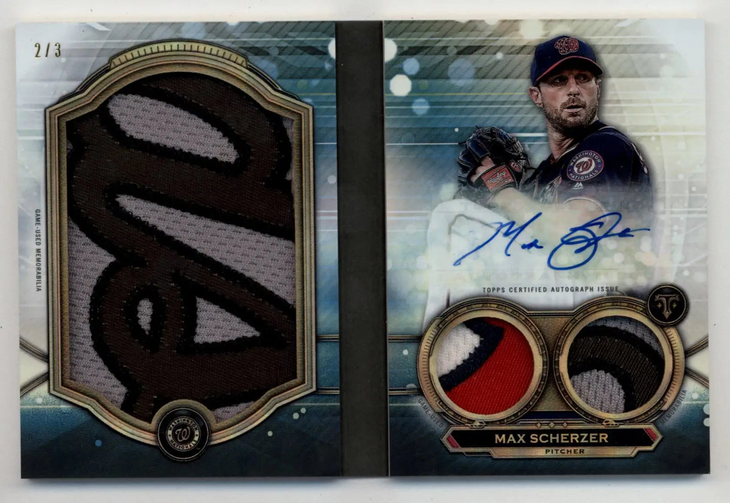 Max Scherzer 2019 Triple Threads Booklet Jumbo Relic Auto with autograph and patch pieces