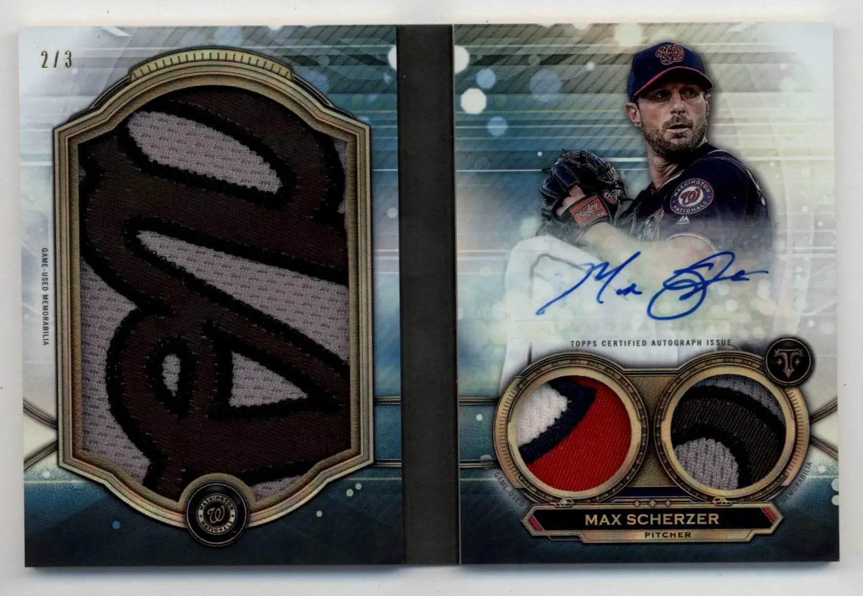 Max Scherzer 2019 Triple Threads Booklet Jumbo Relic Auto with autograph and patch pieces