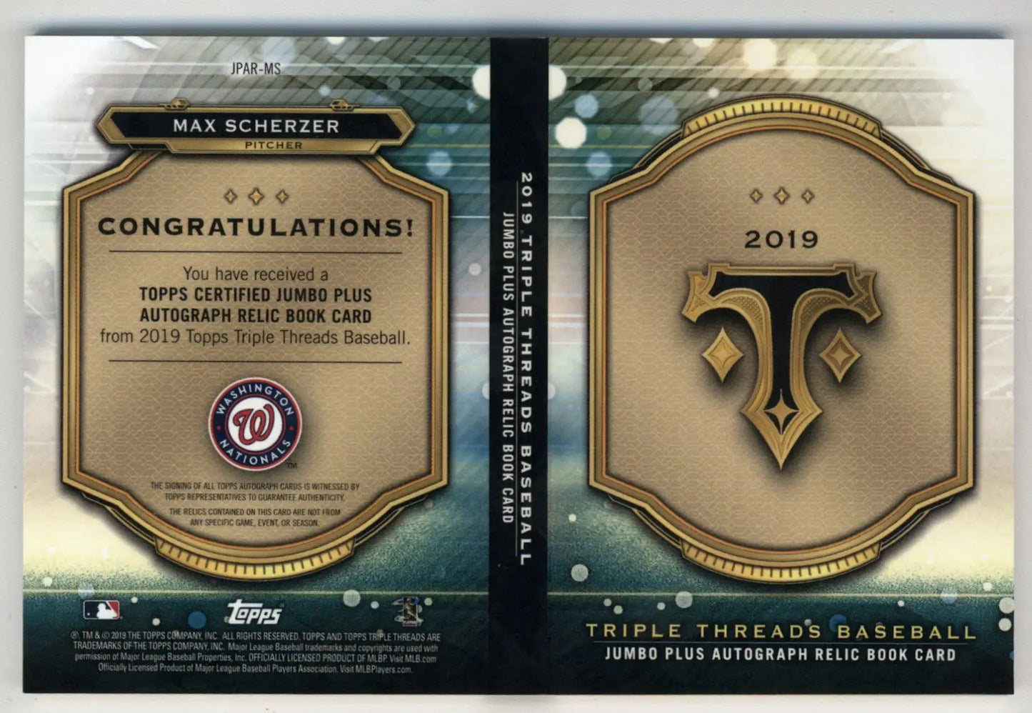 Max Scherzer 2019 Triple Threads booklet jumbo relic auto with Nationals branding
