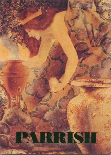 Painting of a figure with long hair reaching for pottery on Maxfield Parrish Foil Chase Card
