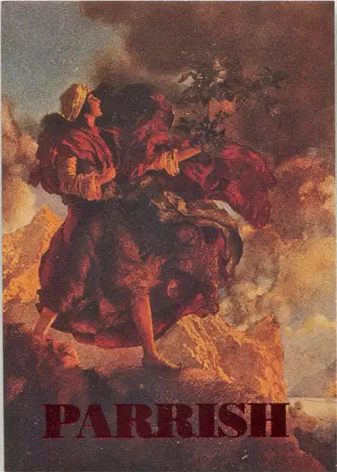 Painting of a figure in red garments on rocks for Maxfield Parrish Portrait foil chase card