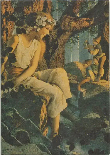Ethereal figure on tree branch with floral crown in Maxfield Parrish Portrait promo card