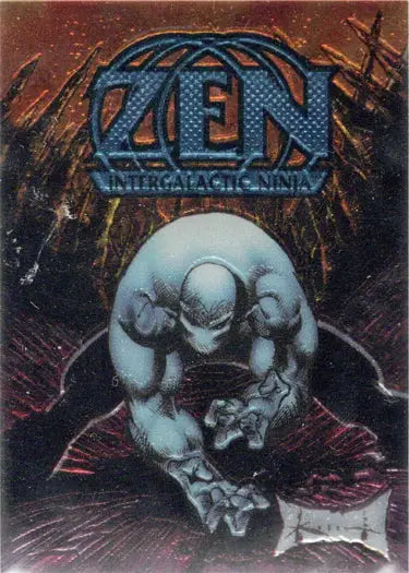 Pale blue alien creature curled in fetal position on Maxx Cards promo trading card