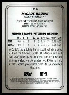 McCade Brown 2022 Bowman Platinum Top Prospects #TOP-36 Colorado Rockies - Baseball Card Single