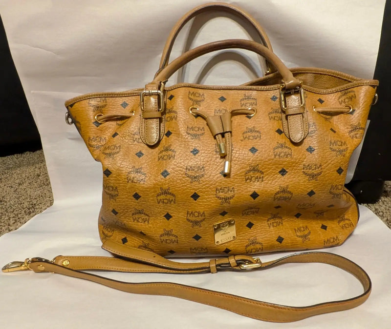 MCM Visetos Drawstring Shoulder Bag Brown Gold Plate Logo Monogram Bottom Studs - Other