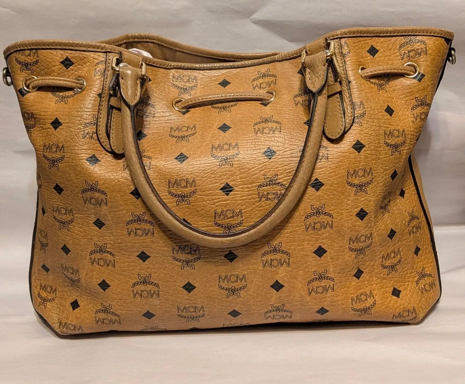 MCM Visetos Drawstring Shoulder Bag Brown Gold Plate Logo Monogram Bottom Studs - Other