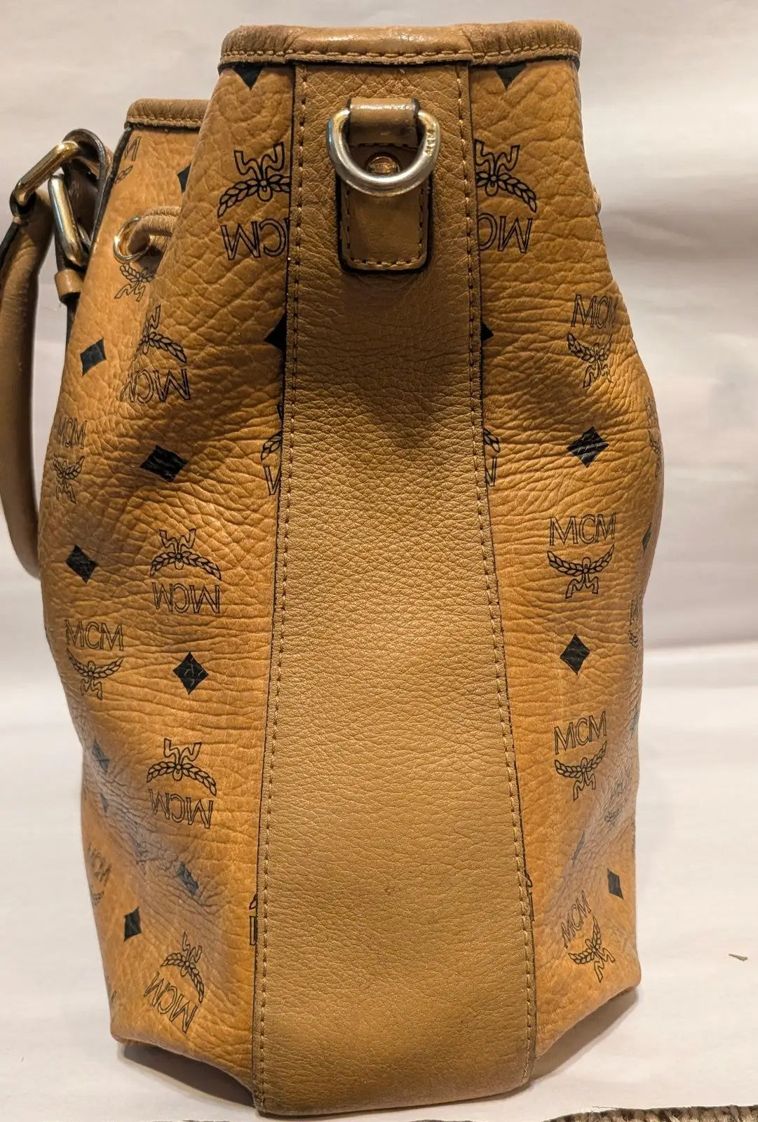 MCM Visetos Drawstring Shoulder Bag Brown Gold Plate Logo Monogram Bottom Studs - Other
