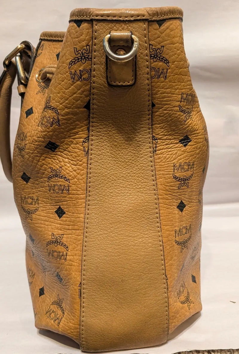 MCM Visetos Drawstring Shoulder Bag Brown Gold Plate Logo Monogram Bottom Studs - Other