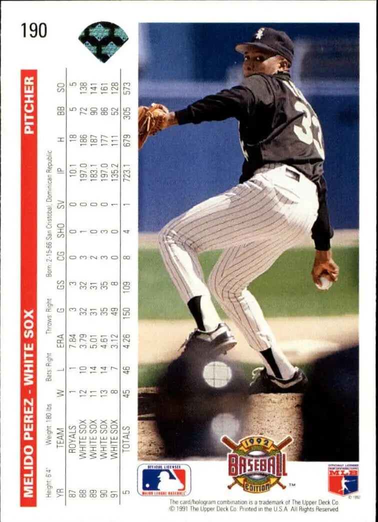 Melido Perez 1992 Upper Deck MLB #190 Baseball Card Chicago White Sox