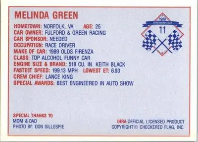 Melinda Green - 1989 Checkered Flag IHRA - #11 - Racing - Racing Card Single