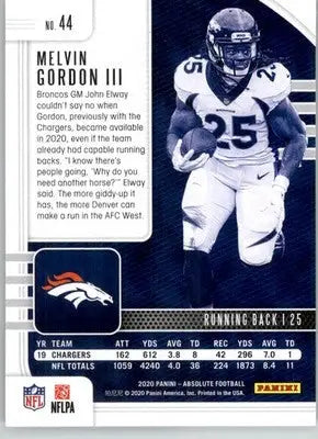 Melvin Gordon III - 2020 Panini Absolute - #44 - Retail Football - Football Card Single