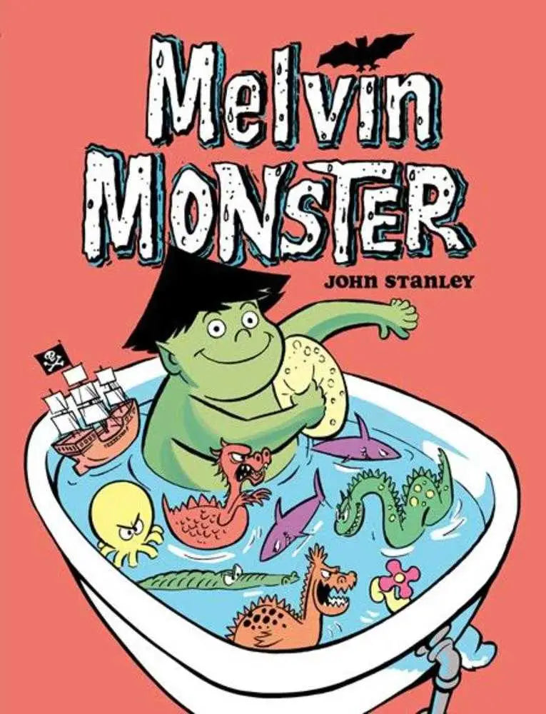 Children’s book Melvin Monster TPB featuring a monster taking a bath with toy creatures