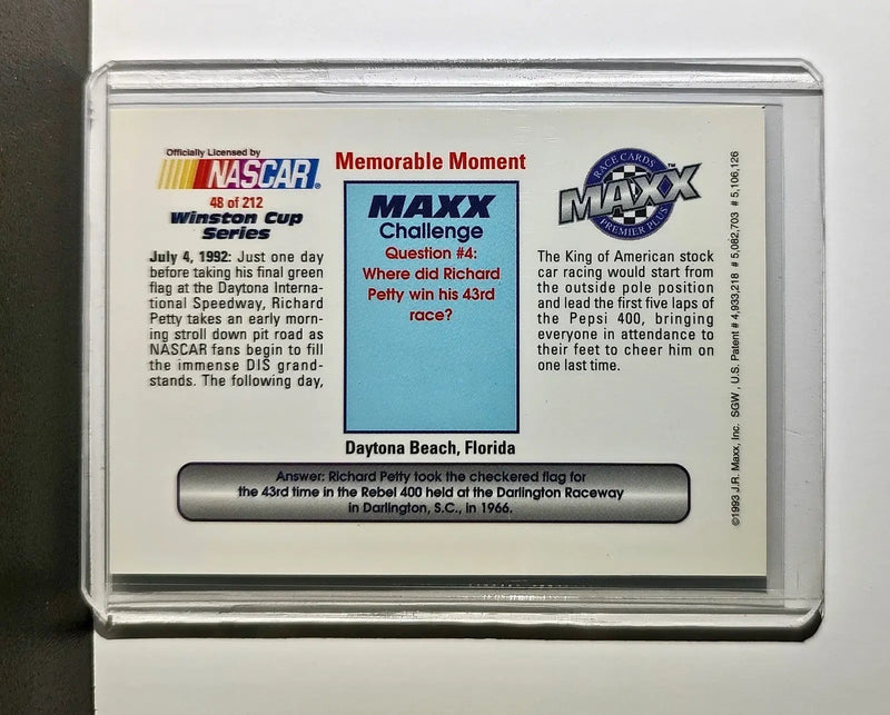 Memorable Moment 1993 Maxx Premier Plus Racing #48 NASCAR Card Petty Enterprises