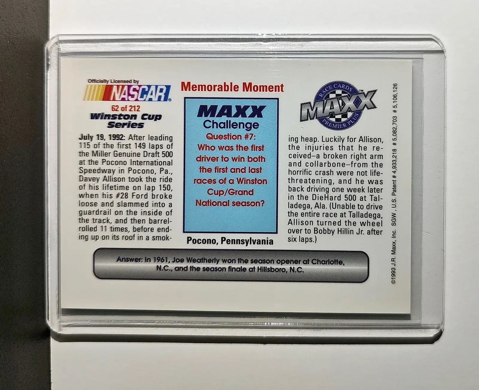 Memorable Moment 1993 Maxx Premier Plus Racing #62 NASCAR Robert Yates Racing - Racing Card Single