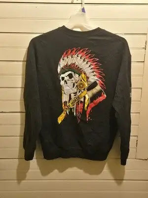 Mens Black Graphic Sweatshirt Skull Headdress Long Sleeve Crewneck USA Flag - Apparel