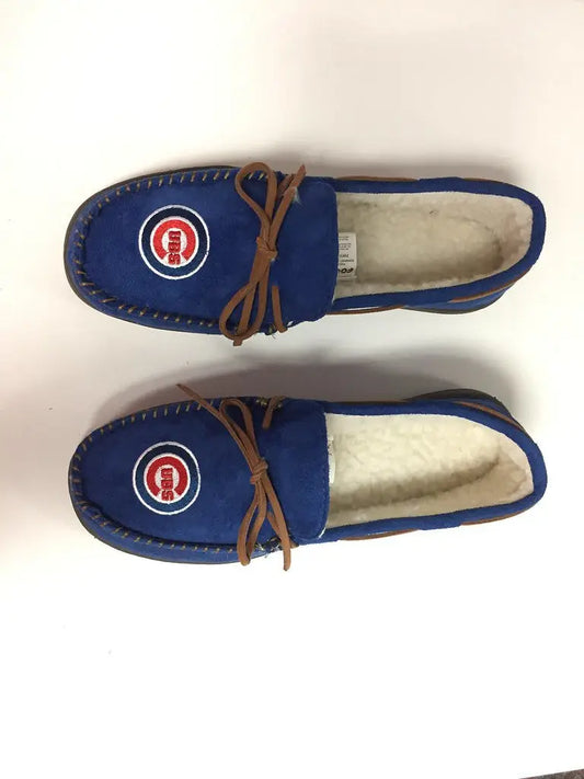 Blue Chicago Cubs Moccasin Slippers with team logo, brown laces, and fuzzy lining