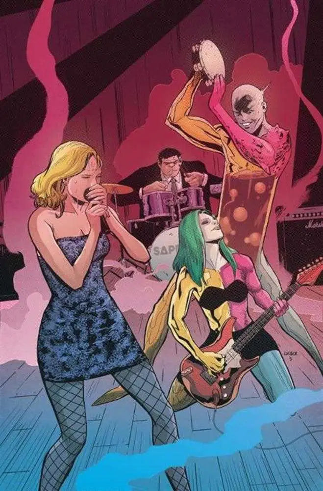 Comic book illustration of a punk rock band by Steve Lieber for Metamorpho trading cards