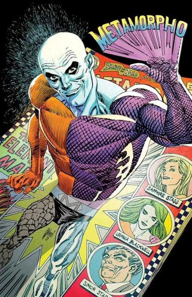 Blue-skinned comic character in purple costume on Metamorpho The Element Man trading card