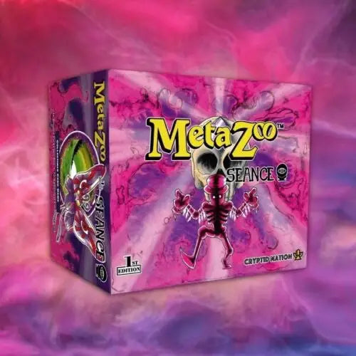 Colorful Metazoo Seance 1st Edition Booster Box featuring vibrant design and trading cards