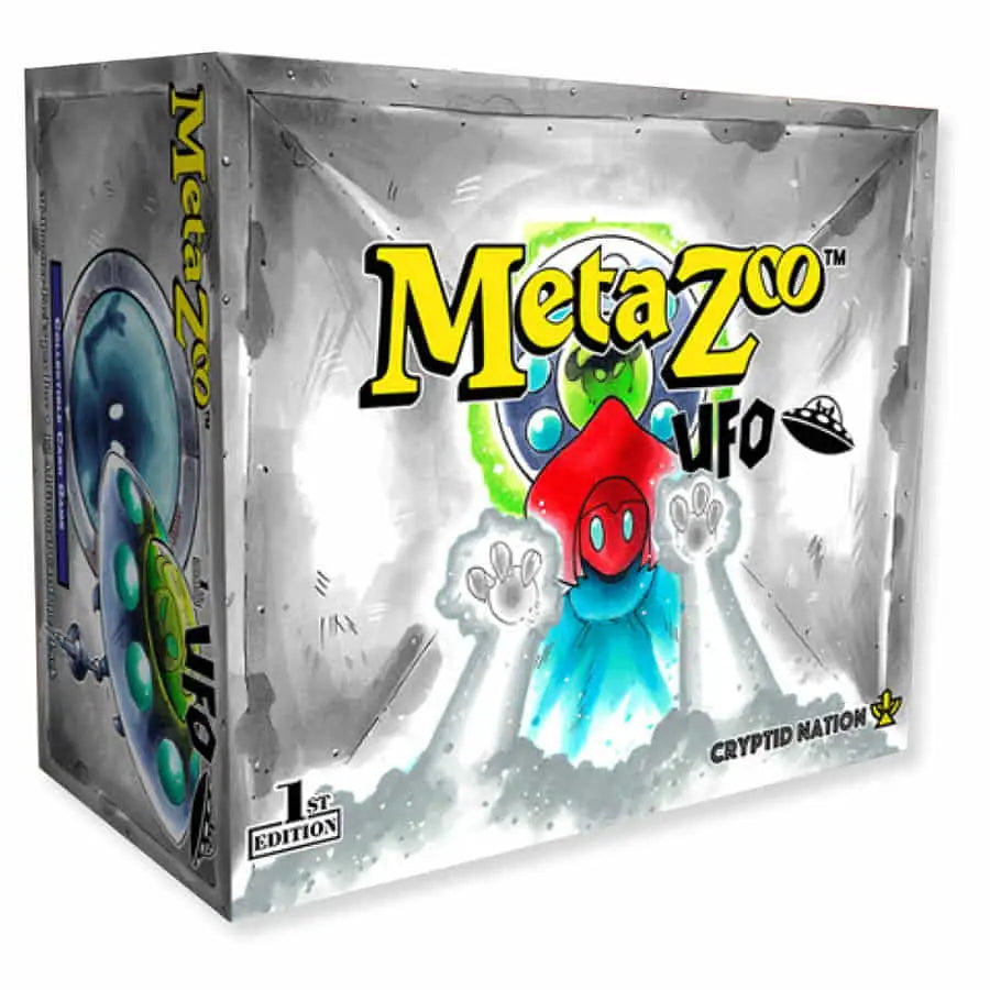 Colorful Metazoo UFO 1st Edition Booster Box with cartoon alien characters for trading cards