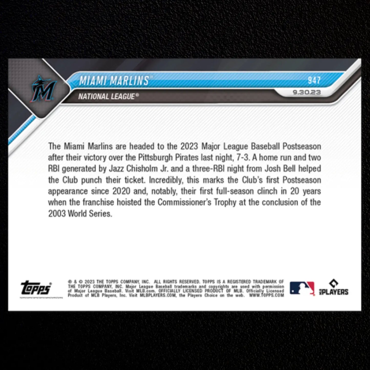 Miami Marlins Clinch 2023 Postseason MLB Topps Now #947 Baseball Card NM-MT
