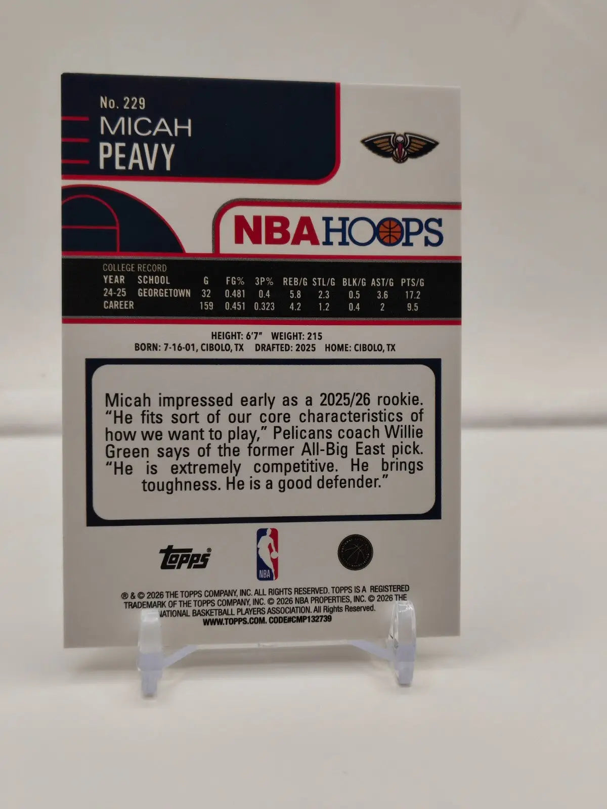 Micah Peavy Rookie Card Light Burst Foil 2025-26 Topps NBA Hoops #229 - Basketball Card Single