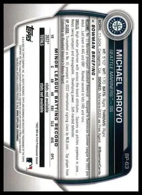Michael Arroyo 2023 Bowman Prospects #BP-63 Seattle Mariners - Baseball Card Single