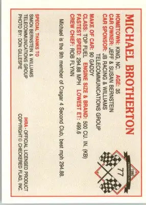 Michael Brotherton - 1990 Checkered Flag IHRA - #77 - Racing - Racing Card Single