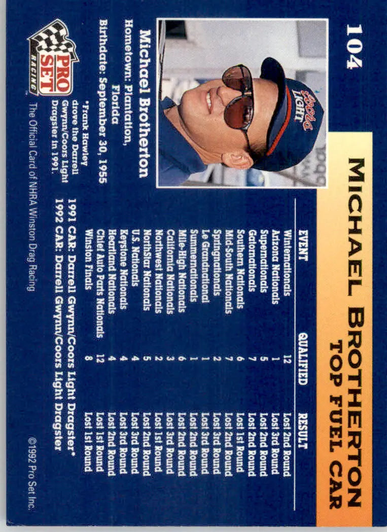 Michael Brotherton - 1992 Pro Set NHRA - #104 - Racing - Racing Card Single