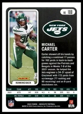Michael Carter 2022 Panini Absolute Retail #100 New York Jets