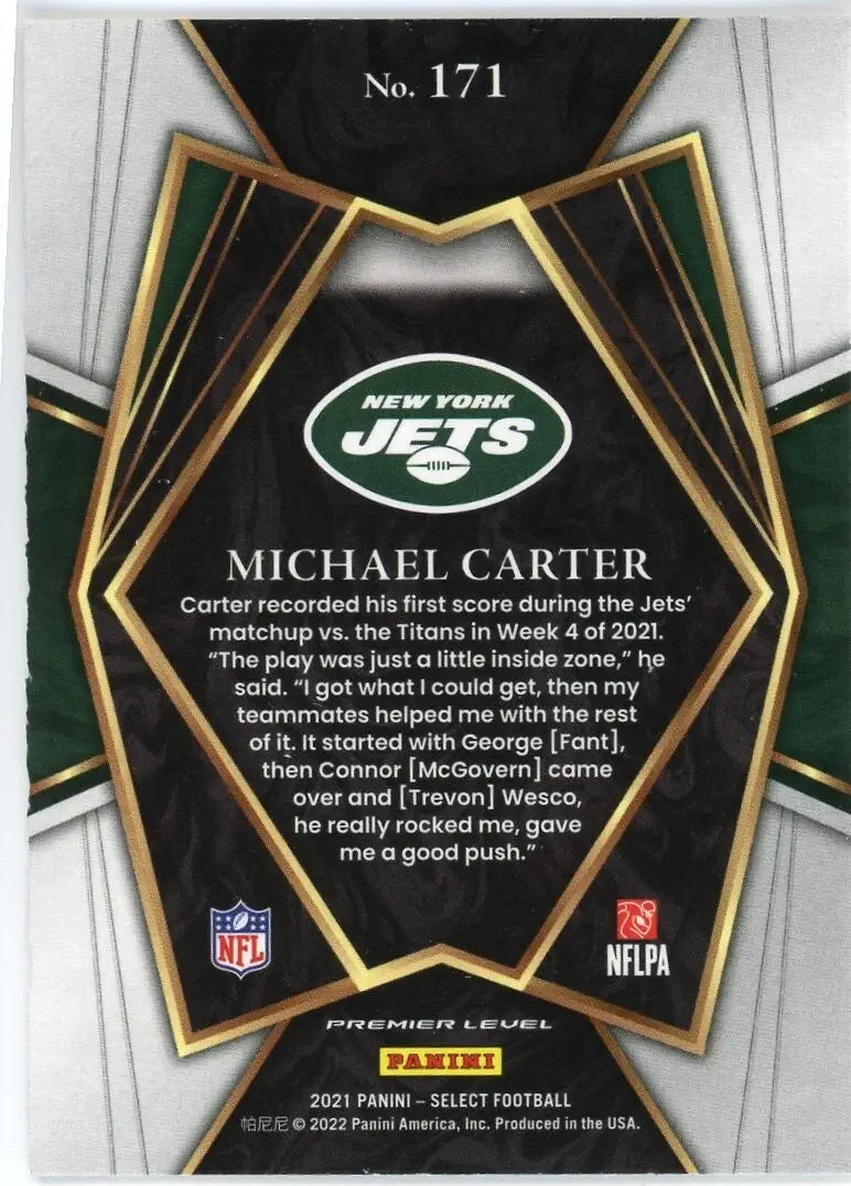 Michael Carter Rookie 2021 Panini Select Premier #171 New York Jets Football NFL
