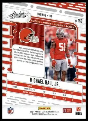 Michael Hall Jr. Rookie 2024 Panini Absolute Retail #153 Cleveland Browns Card - Football Card Single