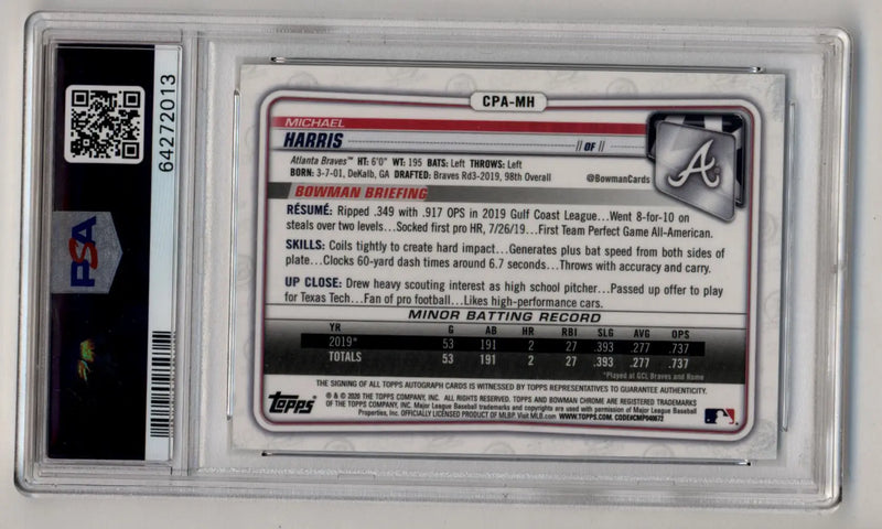 Michael Harris II Bowman Chrome Prospect Auto baseball card graded PSA 9 auto 10