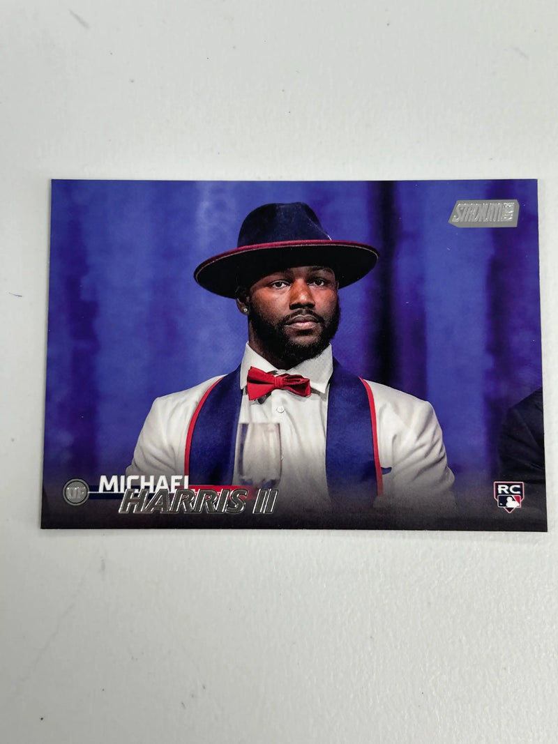 Trading card of Michael Harris II in black hat and navy suspenders Topps Stadium Club